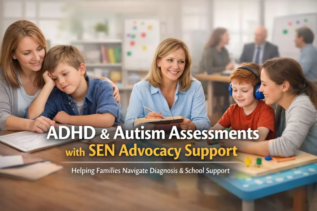 Parent and child attending an ADHD and autism assessment with SEN advocacy support in an education setting